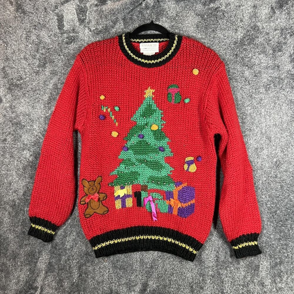 Evian II Sweater Womens Small Red Hand Knit Christmas Tree Ugly Pullover Party
